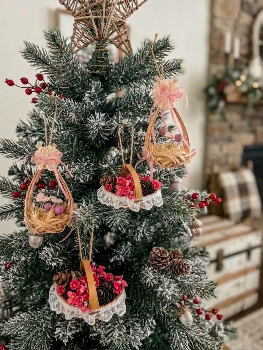 4 Small Vintage Flower Basket Ornaments Cottage Shabby Chic Farmhouse Christmas